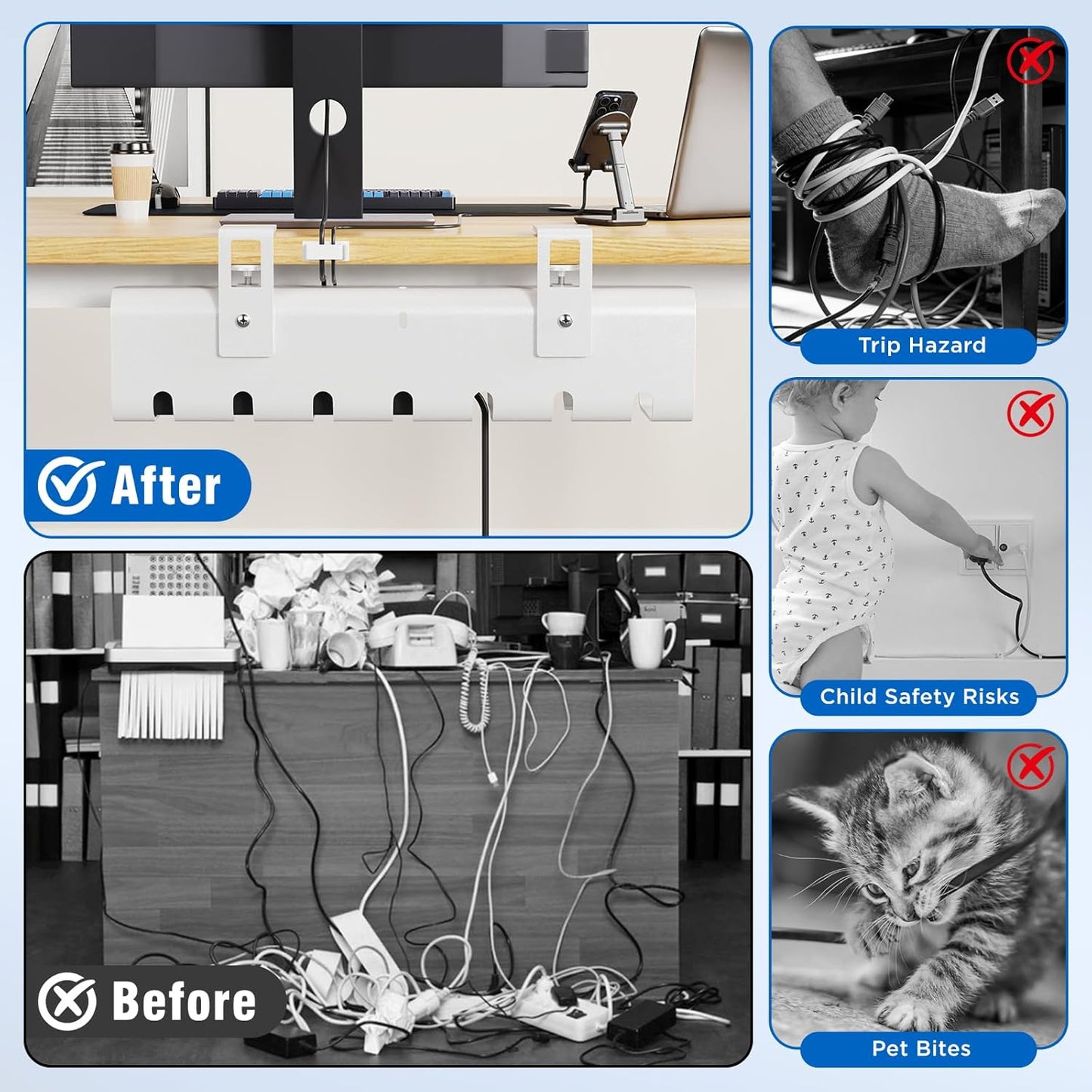 2 Pack No-Drill Under Desk Cable Management Tray 33.8 inch Large Wire Cord Organizers, Cable Management Under Desk for Home and Office No Damage Black
