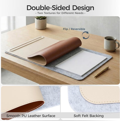 Desk Mat – Double-Sided Vegan Leather & Felt | Built-In Magnetic Cable Organizer & File Storage | Premium Workspace Pad for Office, Gaming & Creative Professionals-（Green）
