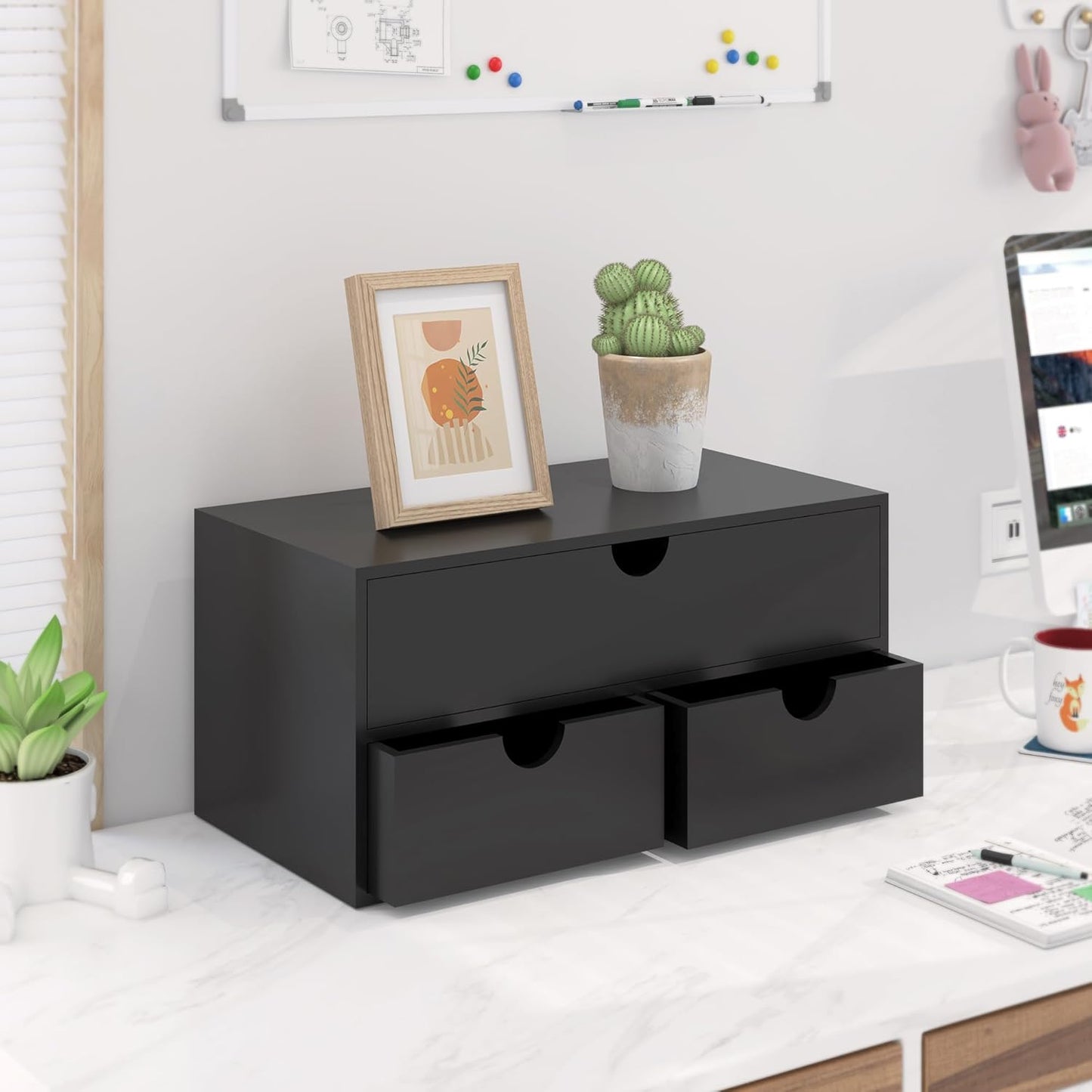 Bamboo Desk Organizer with Drawers Desktop Storage Drawers for Bills Office Supplies Kitchen Utensils Organizing Tool for Home Classroom Organization No Assembly (Black with Shelf)