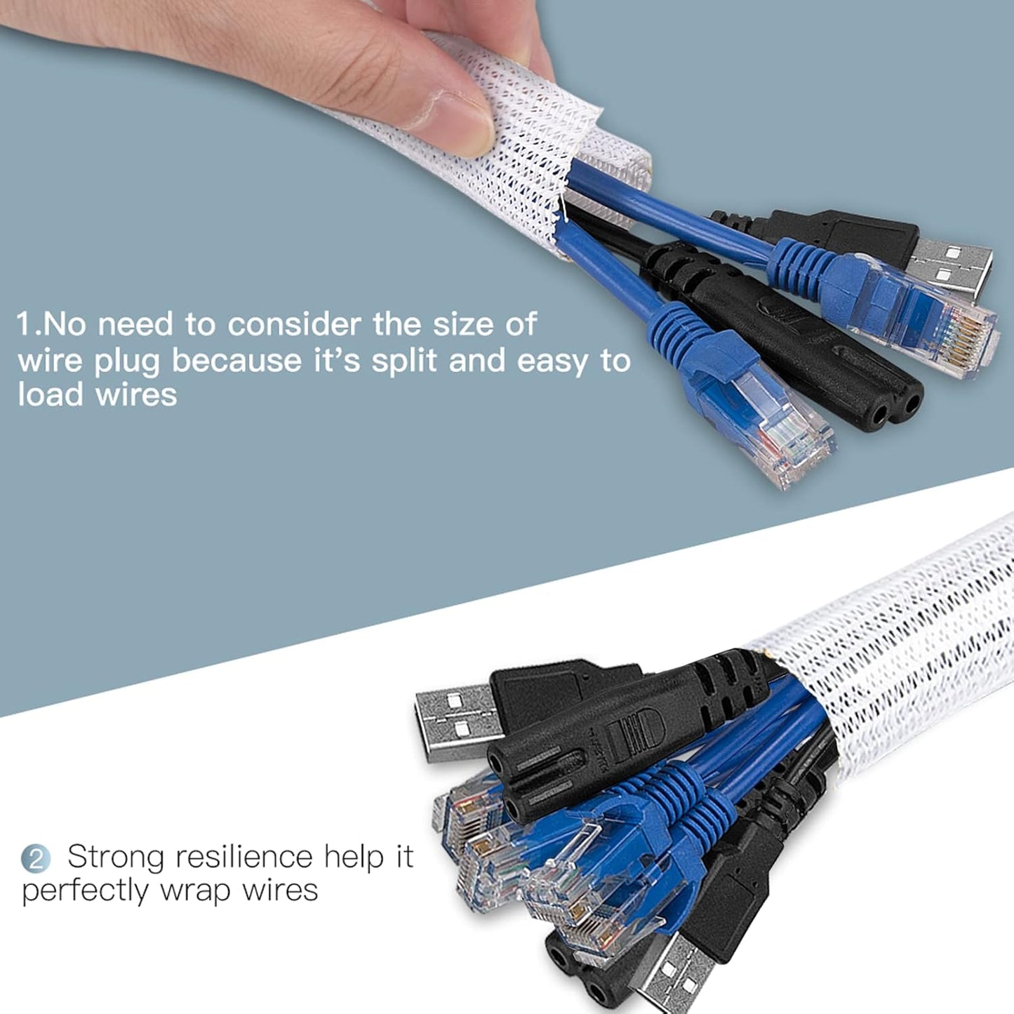 AGPTEK White Cable Sleeve, 2 Pack 5ft - 1.2 Inch Cable Management, Desk Cord Cover Organizer Wire Hider for Computer TV Wire Loom Tubing, Pet Proof Cord Protector from Cat Dog Chewing, White