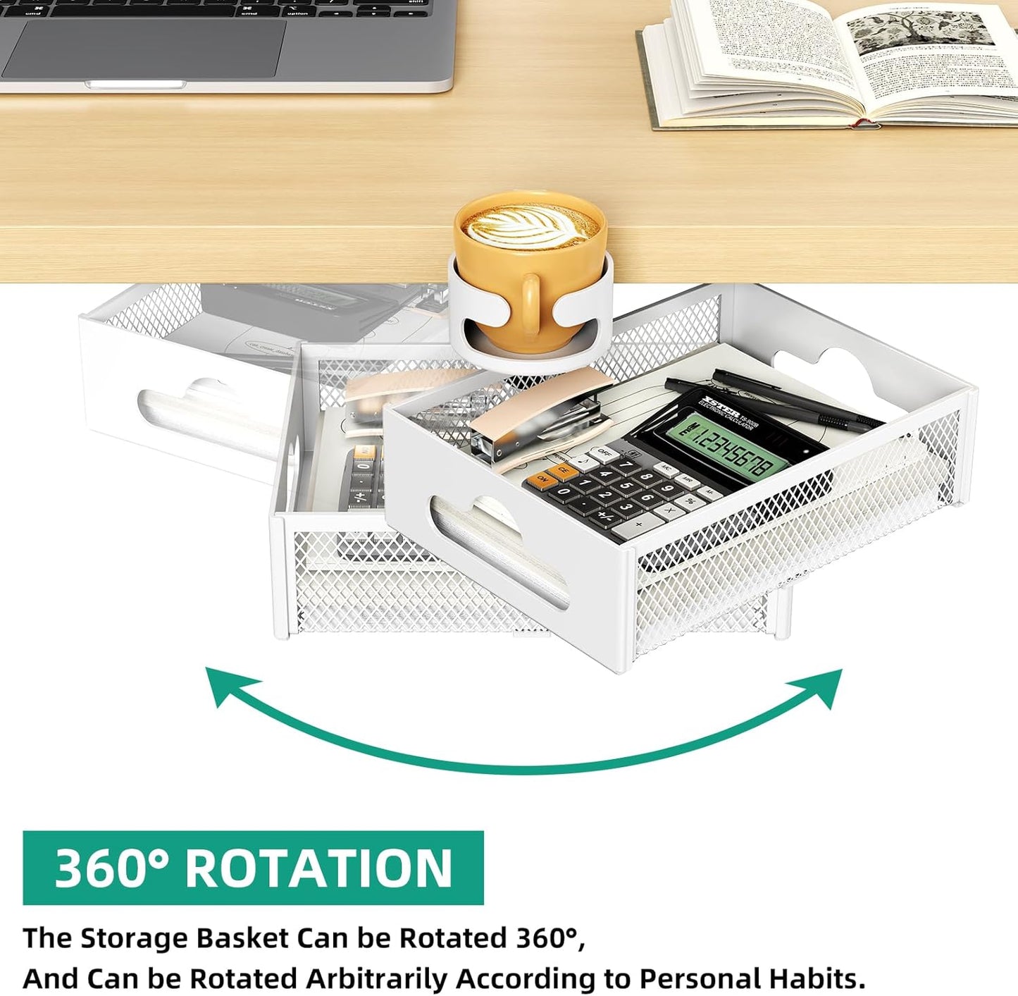 CABTE Desk Cup Holder with Drawer Organizer, Anti-Spill Clip-On Table Cup Hook with 360° Rotation Hidden Storage Box for Office Home Gaming Table (Black)