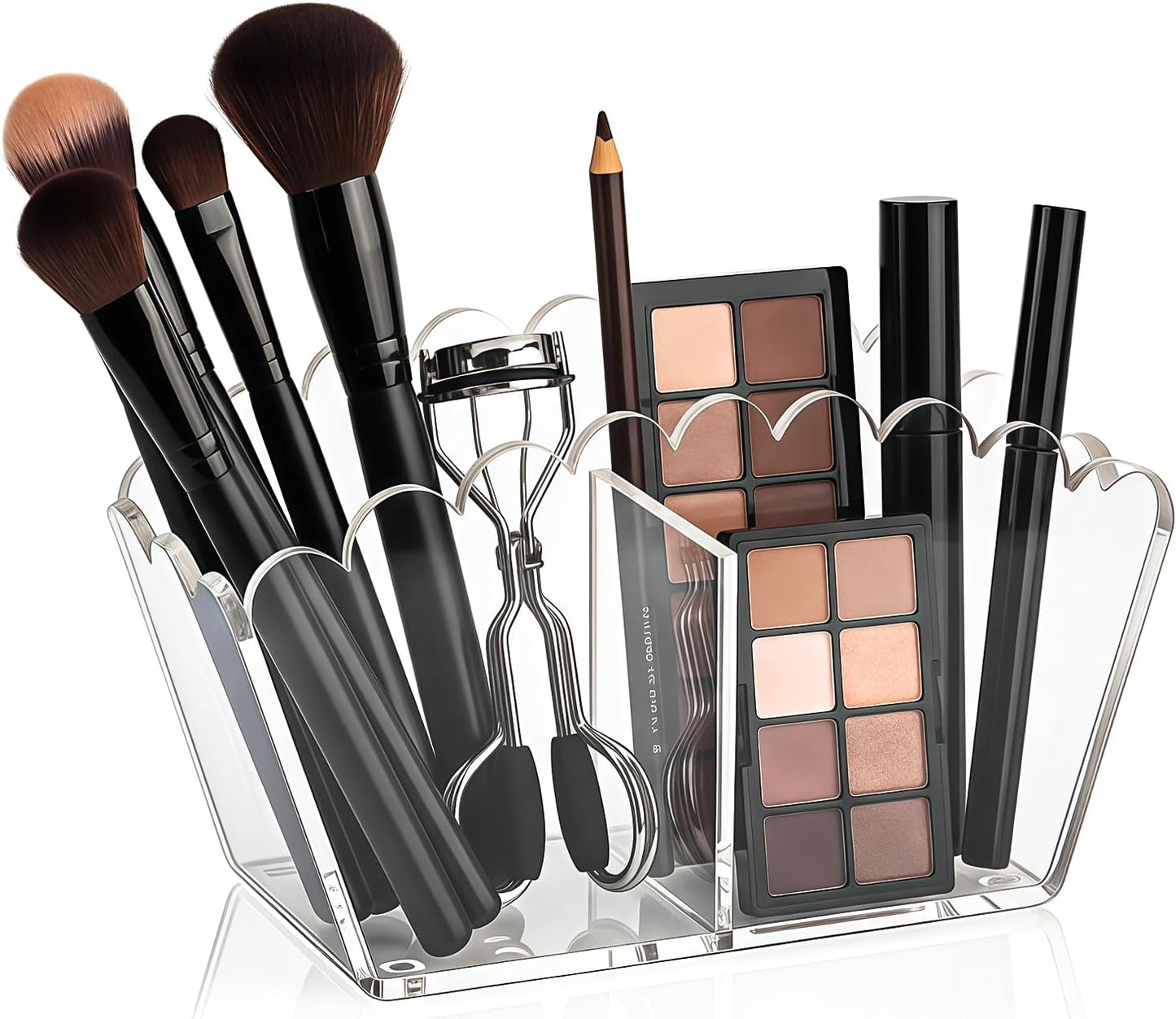Scalloped Acrylic Pencil Holder – Clear Desk Organizer with 4 Compartments – Makeup Brush Holder & Remote Caddy for Office, Bathroom, Table – Party Accessory （4-Comp）