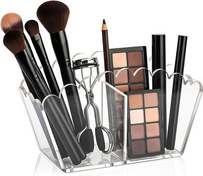 Scalloped Acrylic Pencil Holder – Clear Desk Organizer with 4 Compartments – Makeup Brush Holder & Remote Caddy for Office, Bathroom, Table – Party Accessory （4-Comp）