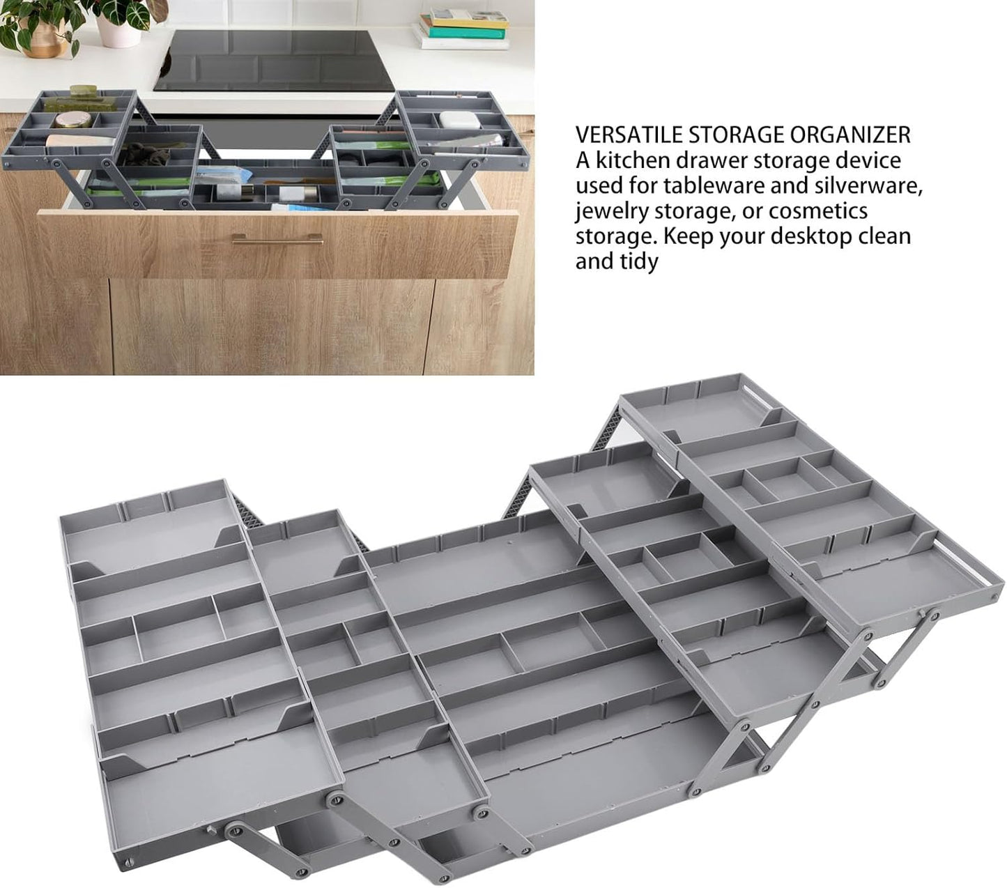 Pomya Multi Tier Drawer Organizer, Foldable Expandable Desk Storage Organizer Tray Bins with Compartments Storage Trays, Adjustable Double Row Organizer Trays for Make Up, Jewelry (2
