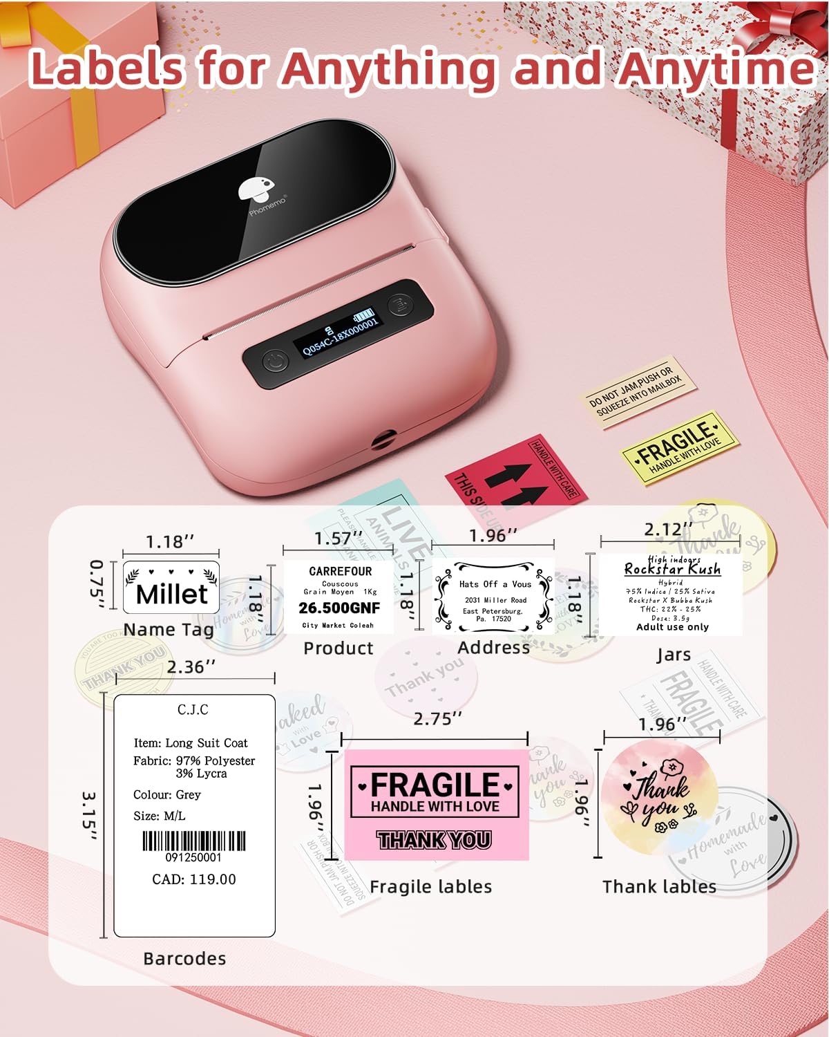 Phomemo Label Maker,M220 Label Printer,3 Inch Bluetooth Thermal Label Maker Machine with 6000+ Icons,700+ Templates,400+ Fonts,for Kids School Items,Small Business,Large Sticker