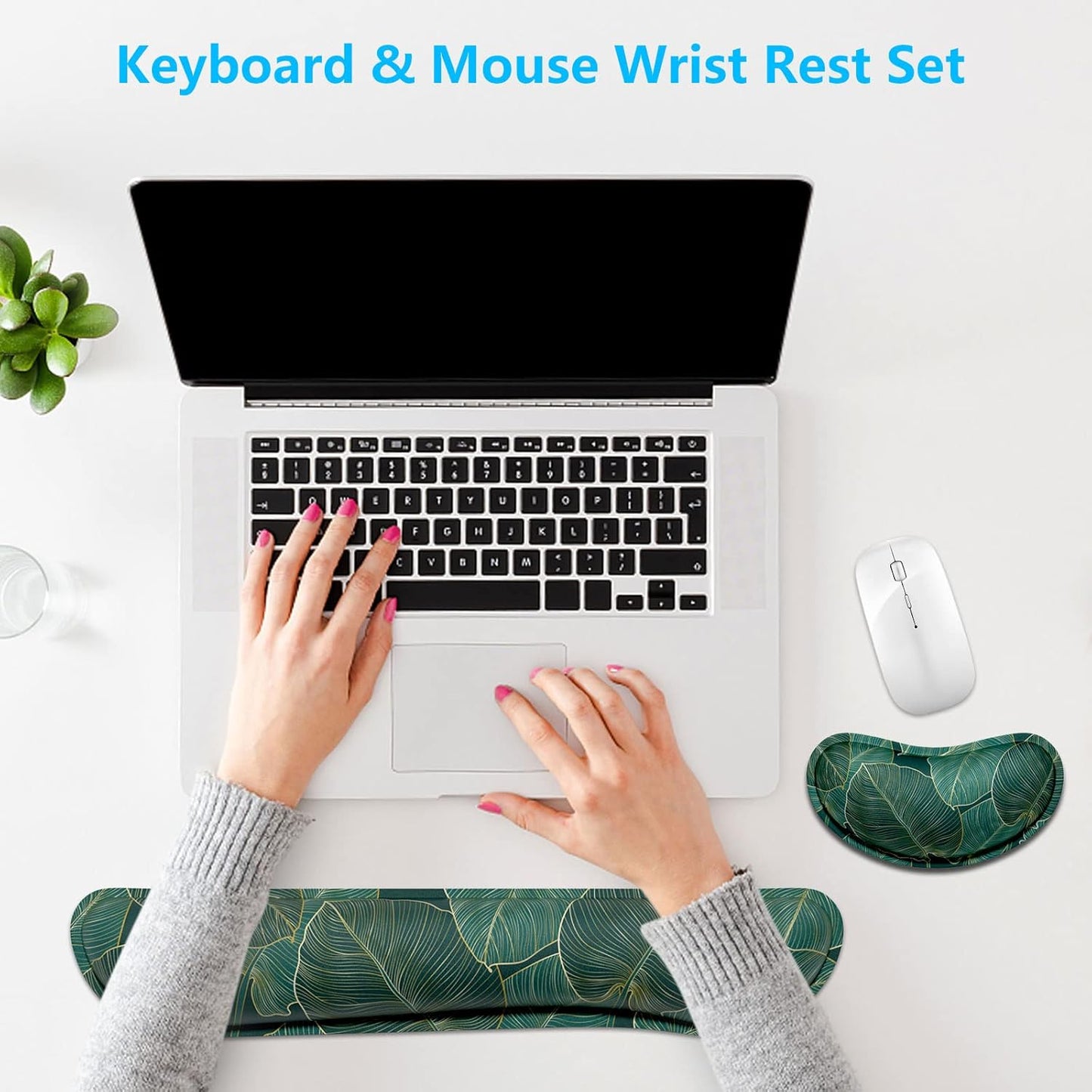 Dapesuom Enlarge Keyboard Wrist Rest, Memory Foam Wrist Cushion for Desk Mats Support, Cute Pain Relief Keyboard Mouse Pad Rests Set with Non-Slip Base for Gaming Laptop Office Computer, Green Leaf