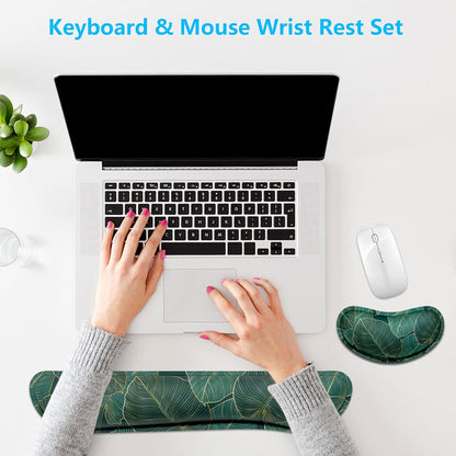 Dapesuom Enlarge Keyboard Wrist Rest, Memory Foam Wrist Cushion for Desk Mats Support, Cute Pain Relief Keyboard Mouse Pad Rests Set with Non-Slip Base for Gaming Laptop Office Computer, Green Leaf