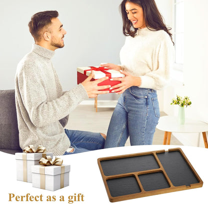 Walnut Wooden Valet Tray for Men, PU Leather Inlay Nightstand Organizer, Bedside Table Tray with Cable Slot for Keys, Phone, Watch, Jewelry