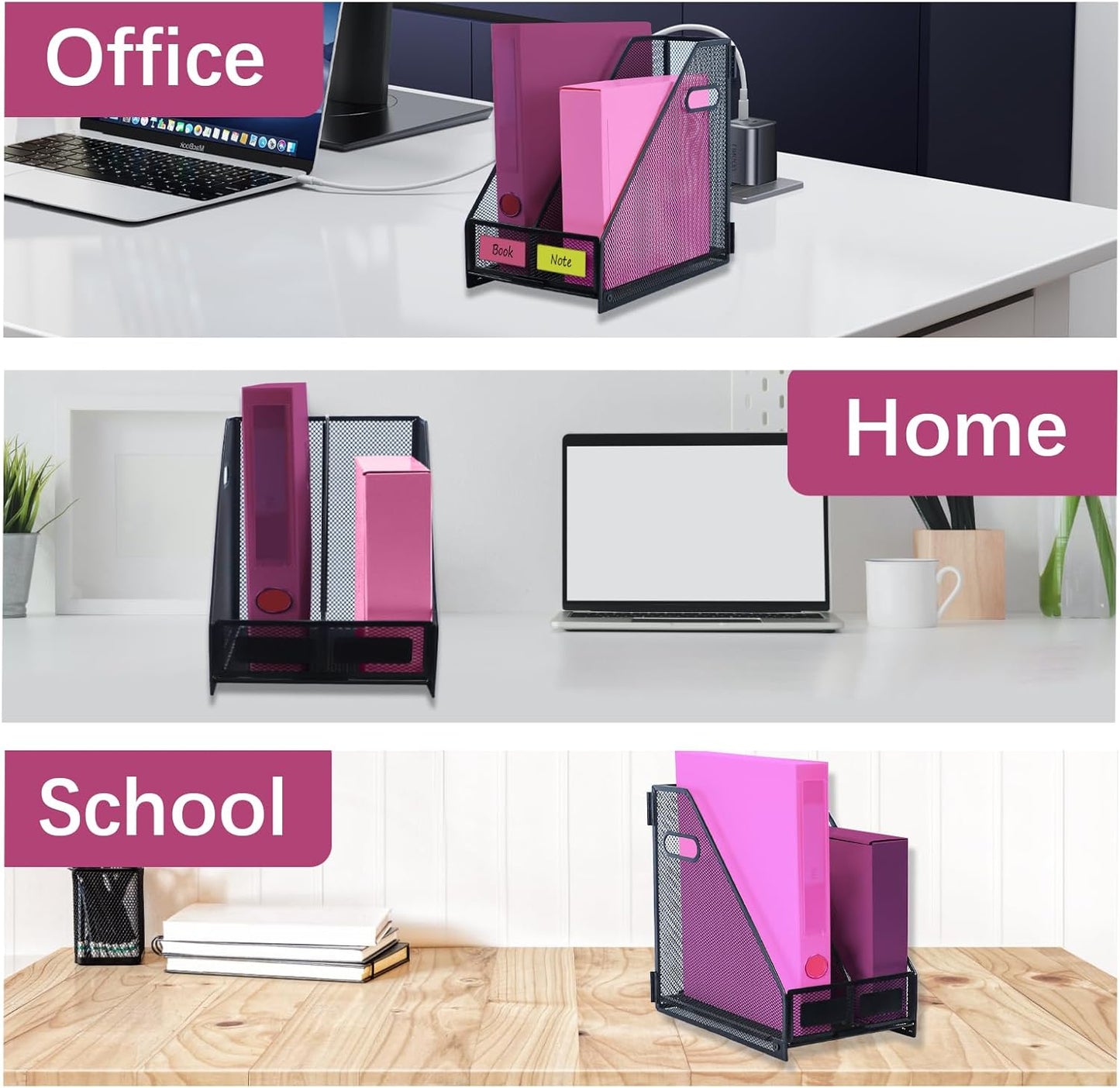 Desk Organizers, Metal Magazine File Holder with 5 Vertical Compartments Rack Binder File Organizer for Office Supplies, Home Workspace - Black