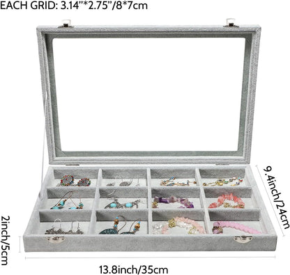 Stratalife Jewelry Organizer Bracelet Organizer Storage Box 12 Grid Stackable Jewelry Tray with Lid Velvet Jewelry Box for Drawer Necklace Bracelet Display Storage Organizer Box (Beige)