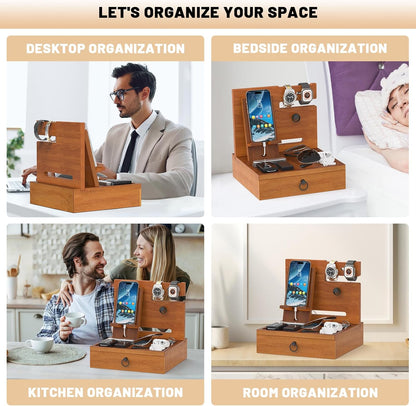 Wood Phone Docking Station with USB Ports and Outlets, Nightstand Organizer with Charging Station, Bedside Organizer with Drawer for Watch & Accessories, Christmas Anniversary Birthday Gifts for Men