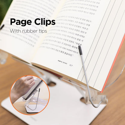 Mooas Acrylic Book Stand for Reading Adjustable Foldable Holder with Page Clips Clear Display Portable Tablet Holder for Desk Cookbook Laptop Recipe Textbook Book Easel Kitchen Counter Hands Free