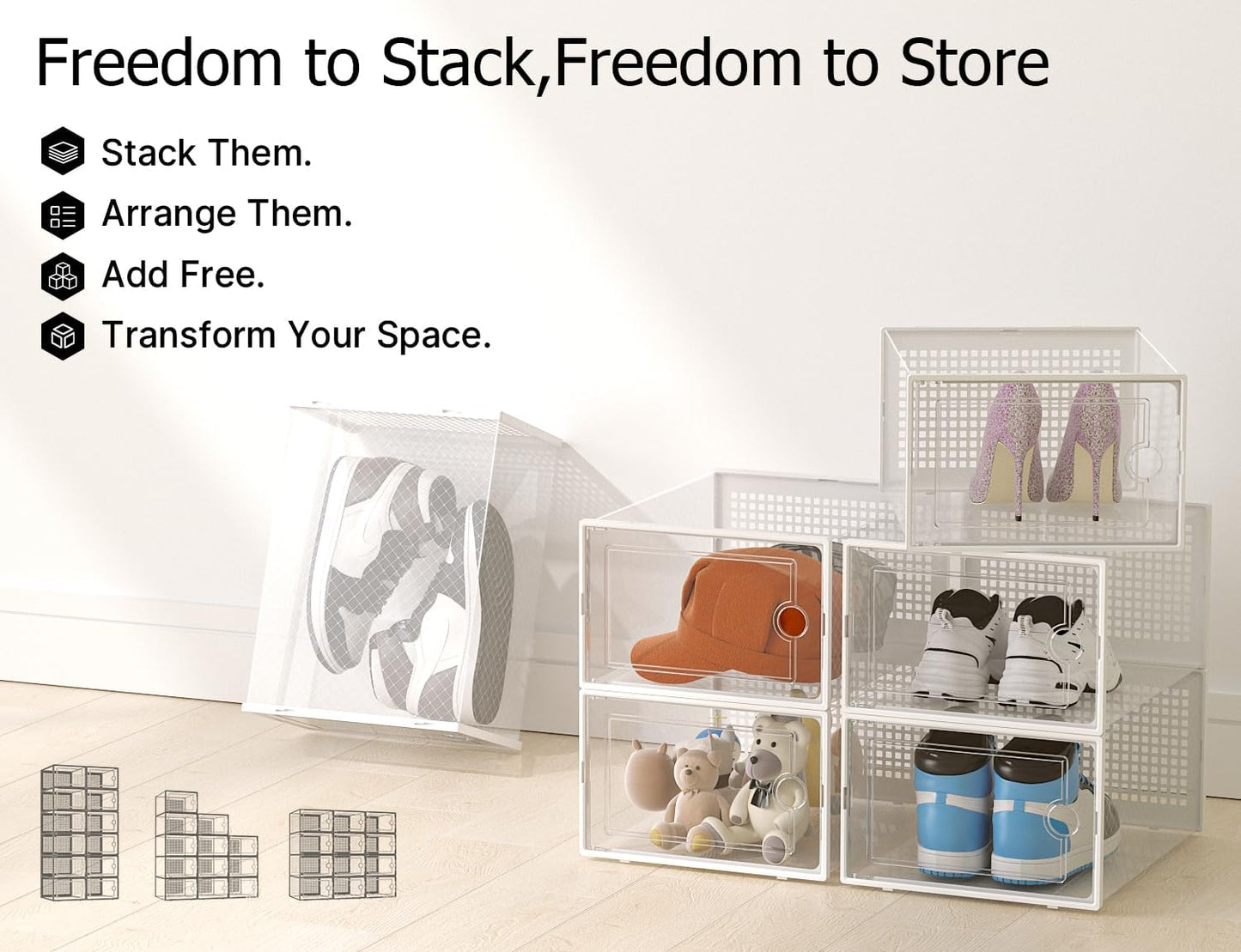 Kuject X-Large Shoe Storage Boxes Organizers Clear Plastic Stackable 12 Pack, Shoe Rack & Holder Substitute, Sneaker Containers, Toy Storage Organizer Bins for Entryway, Closet, Under Bed, Black