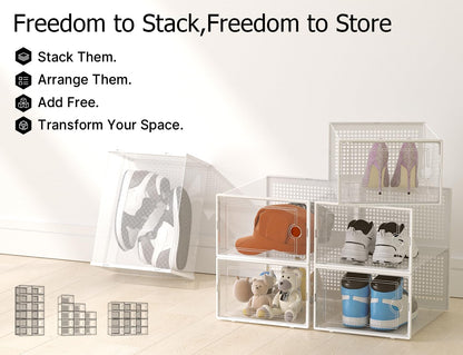 Kuject X-Large Shoe Storage Boxes Organizers Clear Plastic Stackable 12 Pack, Shoe Rack & Holder Substitute, Sneaker Containers, Toy Storage Organizer Bins for Entryway, Closet, Under Bed, Black