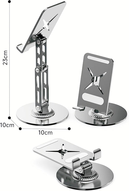 All-Metal Cell Phone Stand 360° Rotatable & Height Adjustable - 25KG Super Load-Bearing, Foldable Desk Stand for Phone, Compatible with iPhone 17/16/15/14, Nintendo Switch, Silver