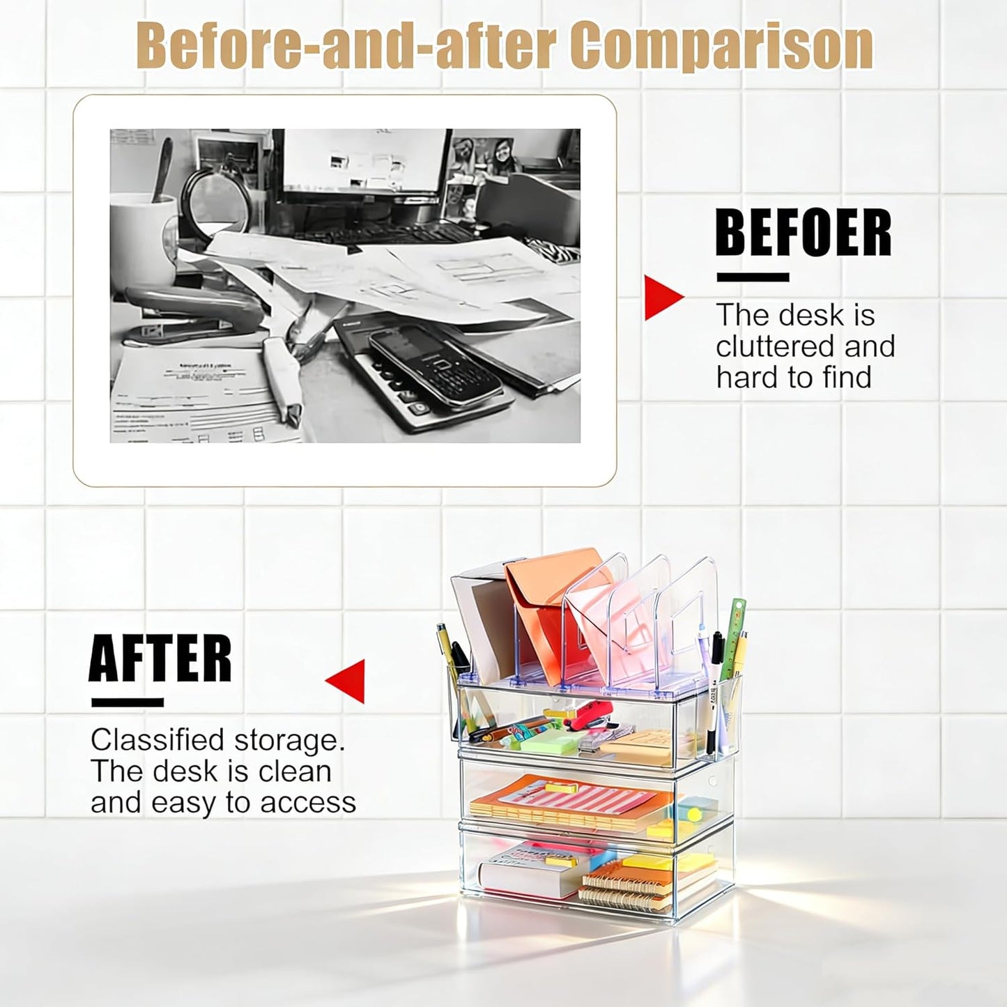 LALOBLUE Acrylic Desk Organizer with Drawer and Vertical File Holder, Desk Organizers and Accessories, Multi-Functional Office Supplies Organizer for Home or Work Desk, White