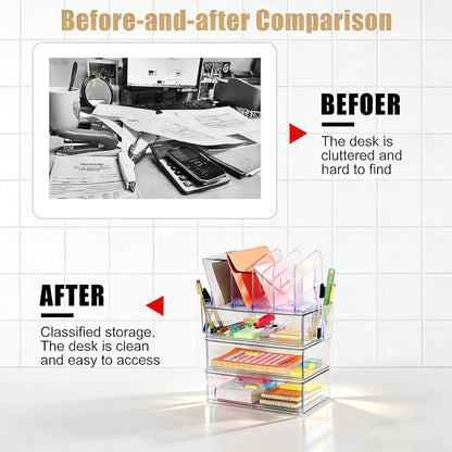 LALOBLUE Acrylic Desk Organizer with Drawer and Vertical File Holder, Desk Organizers and Accessories, Multi-Functional Office Supplies Organizer for Home or Work Desk, White