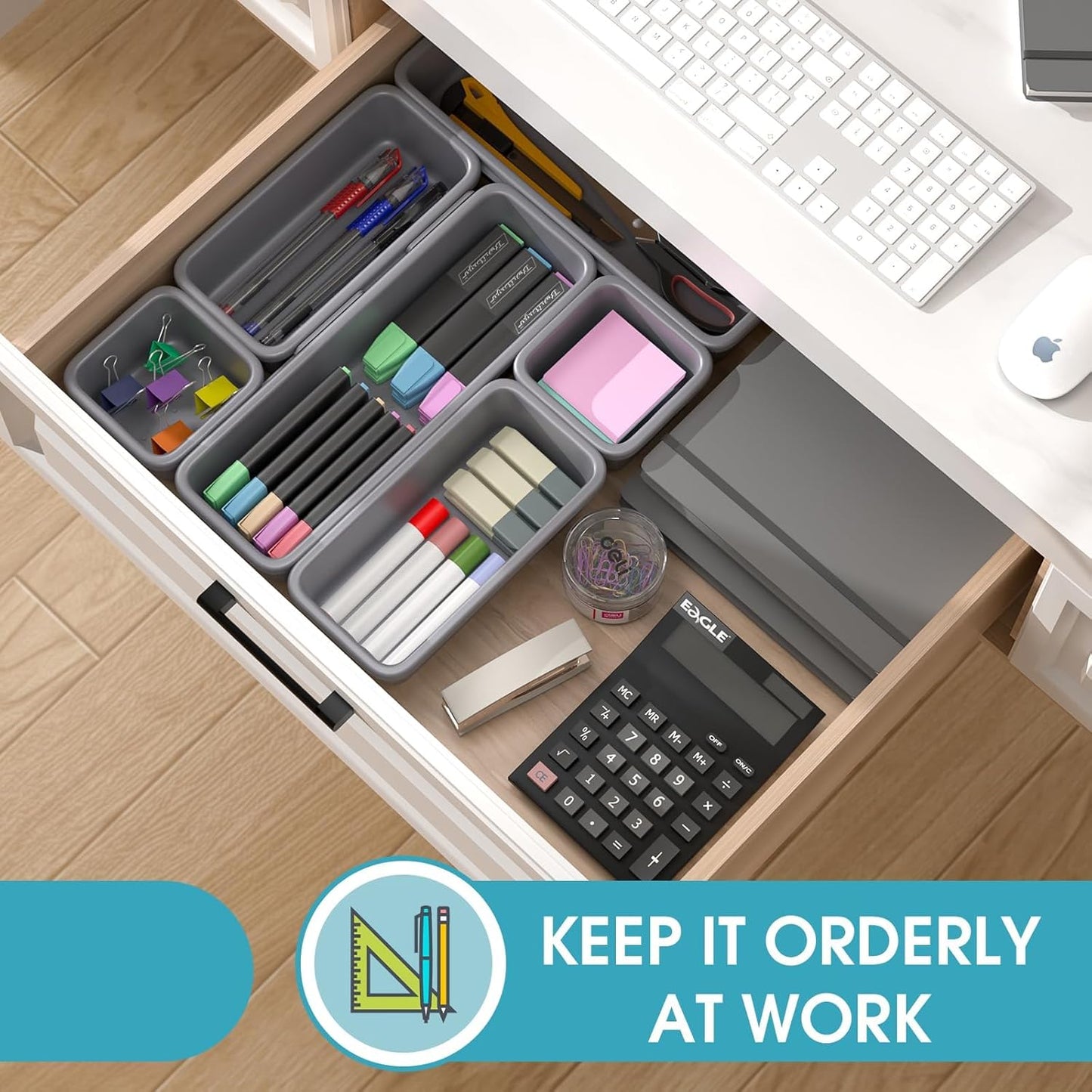 StoreHappily 10 PCS Drawer Organizer Set, 4 Size Makeup Drawer Divider Organizer With Non-Slip Pads, Interlocking Plastic Storage Bins for Office,Jewelry Vanity,Gadgets, Bathroom,Kitchen, Black