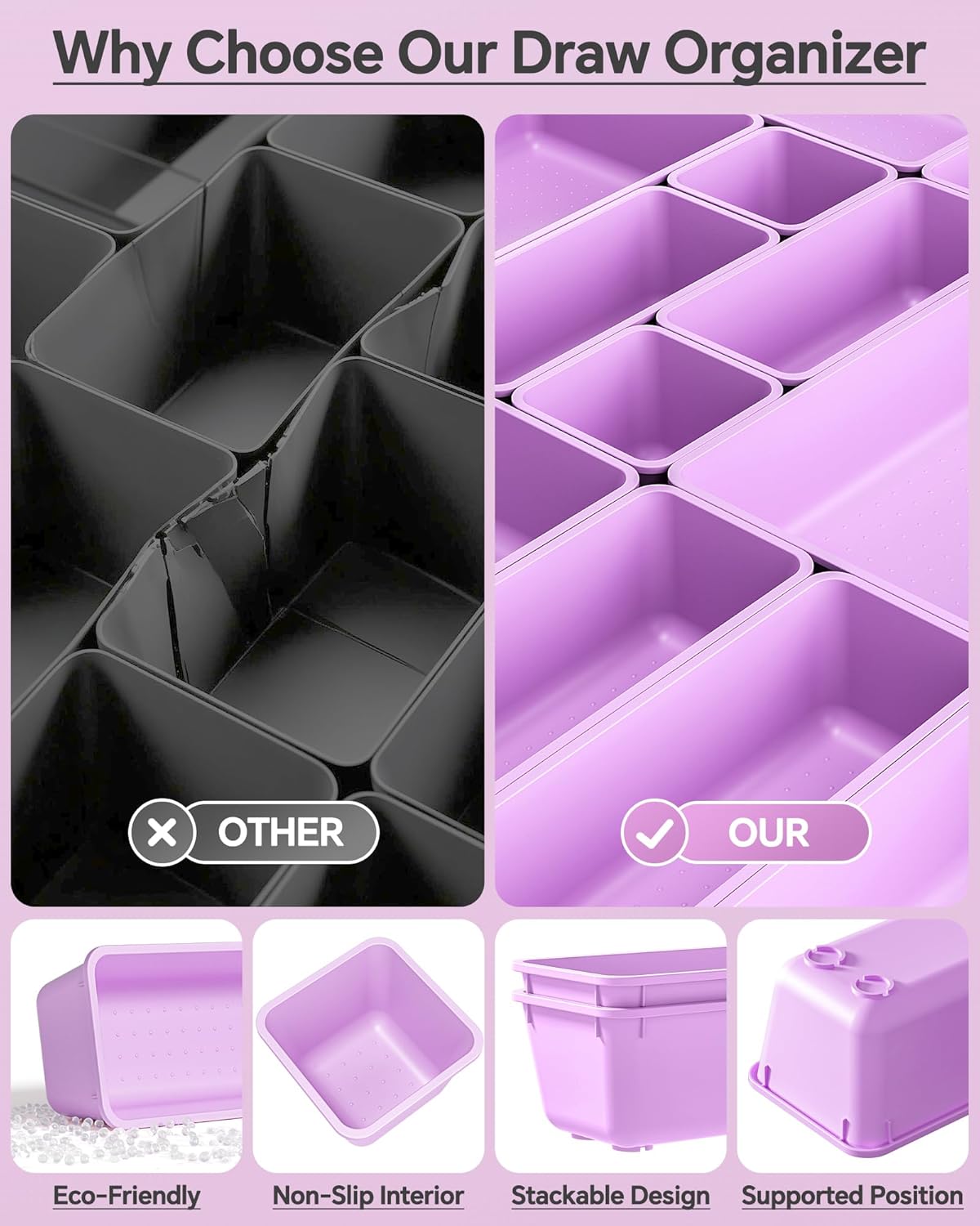 KEMETHY 25 PCS Plastic Drawer Organizers Set, 4 Sizes Vanity Organizer, Makeup and Desk Drawer Organizer Trays, Organization and Storage for Makeup, Bathroom, Kitchen Utensils and Office (Black)