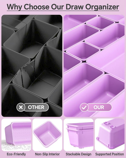 KEMETHY 25 PCS Plastic Drawer Organizers Set, 4 Sizes Vanity Organizer, Makeup and Desk Drawer Organizer Trays, Organization and Storage for Makeup, Bathroom, Kitchen Utensils and Office (Black)