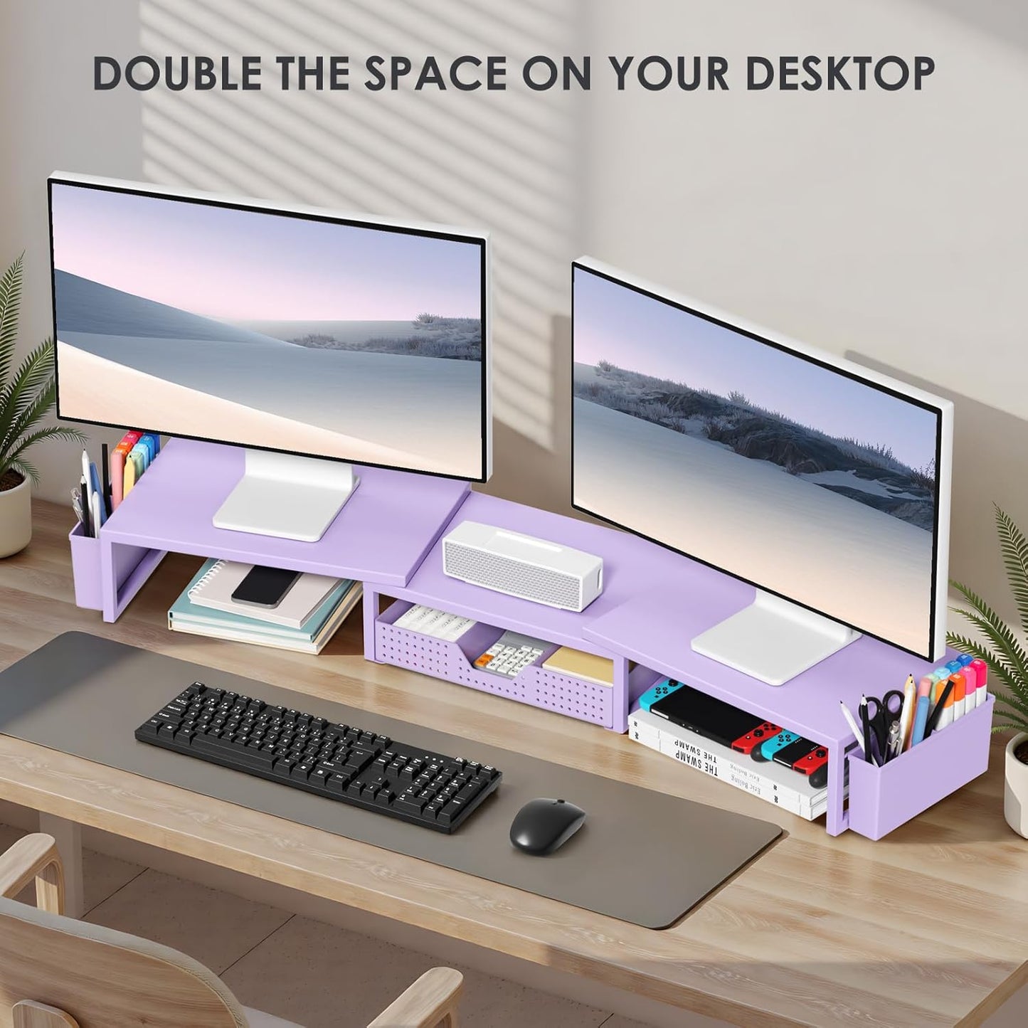 OPNICE Clear Acrylic Desk Organizers and Accessories, Dual Monitor Stand Riser with Drawer, Desk Shelf Computer Racks for Office Workspace Organizers, Desktop Organization (Transparent)