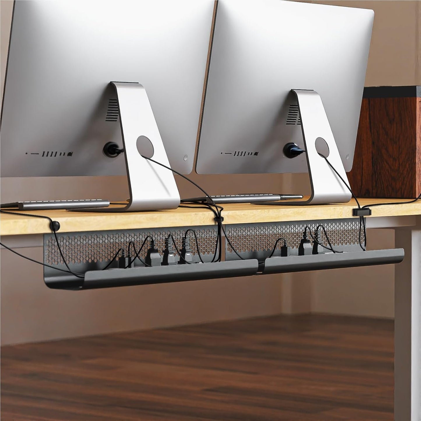 KHAMAL Cable Management Under Desk 26PCS - Cable Management Tray Kit Ventilated Hexagonal Design with Cable Clips, Wire Ties, Cord Holder & Screws for Office, Home - 2 White Sets