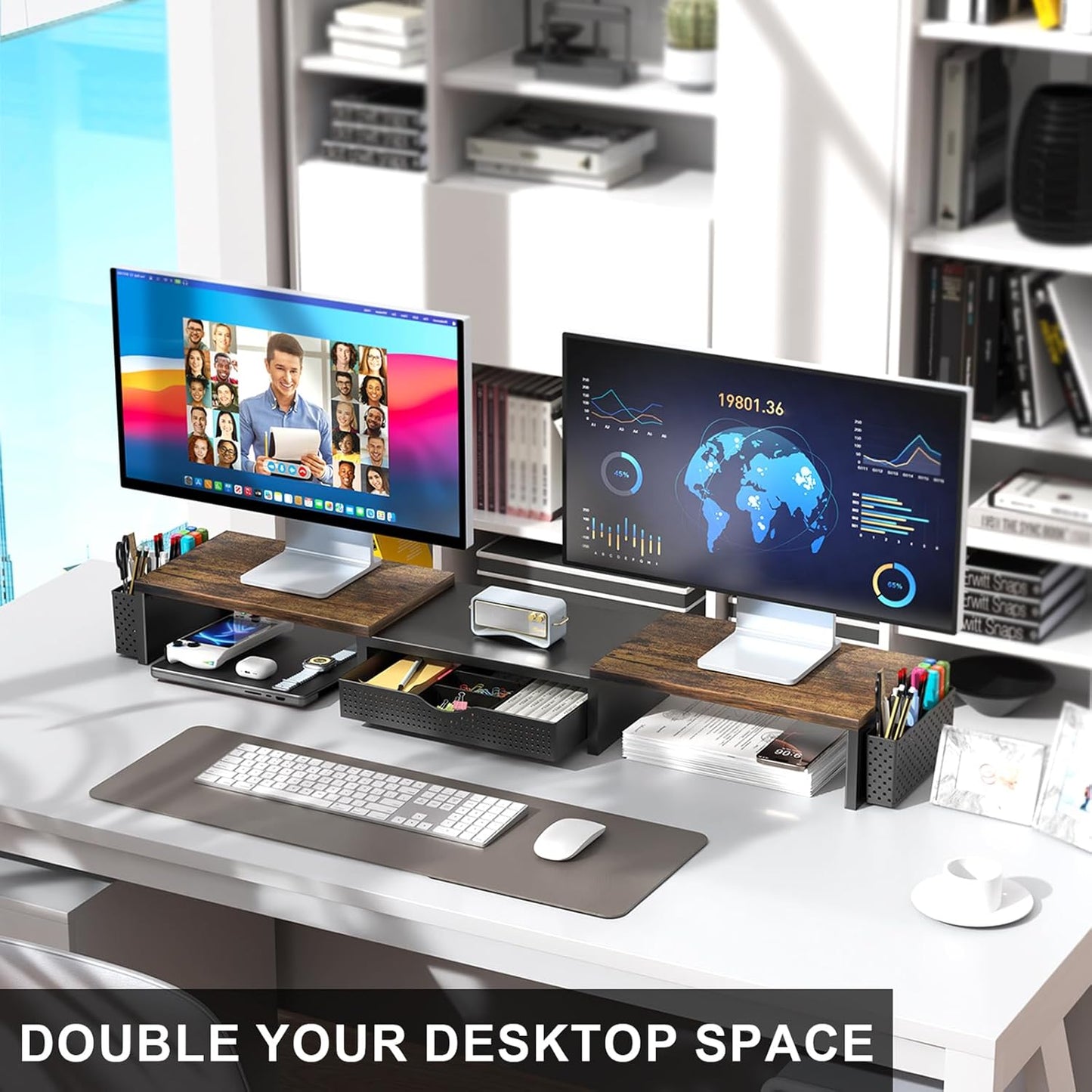 gianotter Dual Monitor Stand Riser, Desk Organizer With Drawer and 2 Pen Holders, Computer Monitor Stand, Shelf for Top of Desk, Black