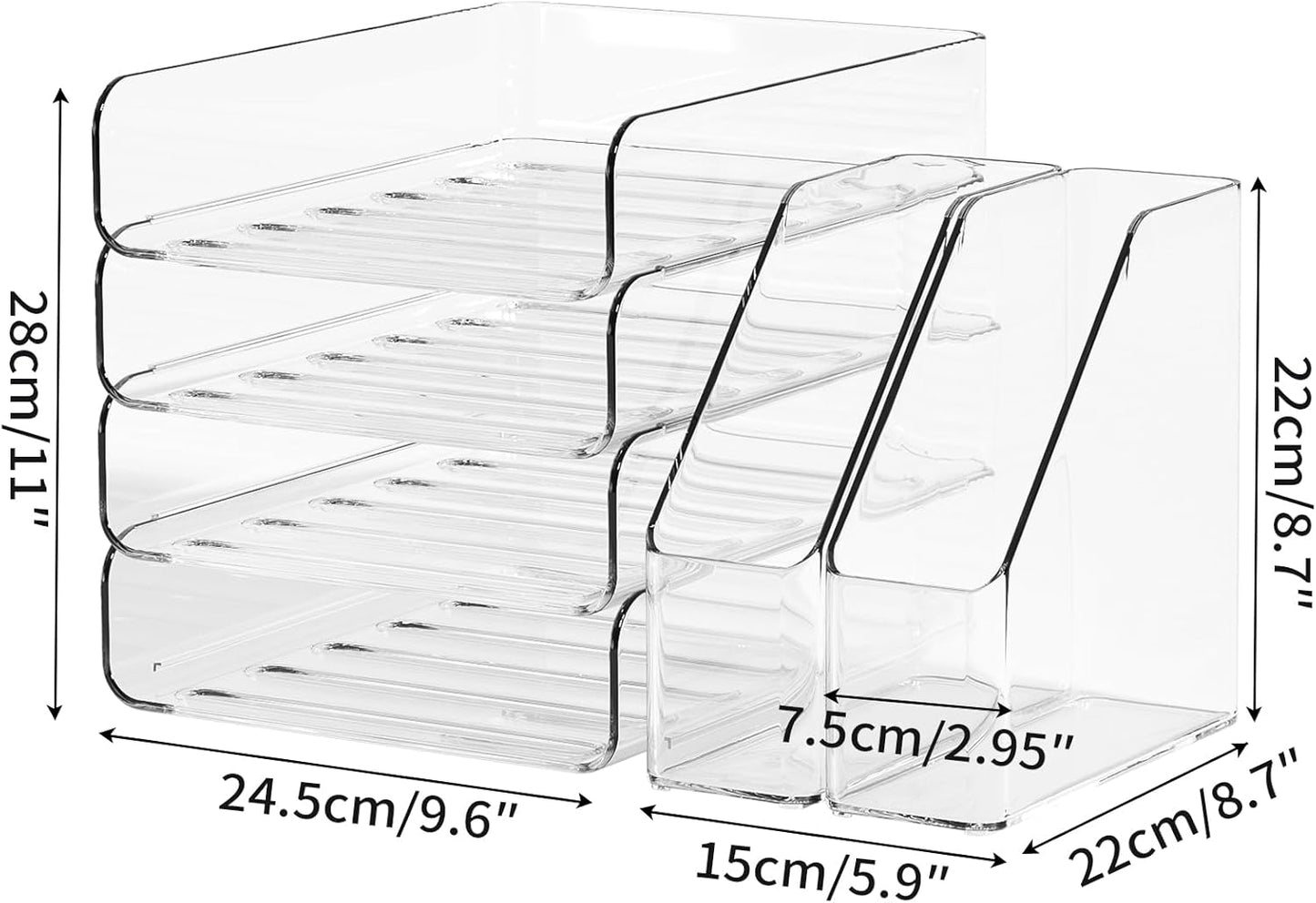FANXIYQ 4-Tier Horizontal Acrylic Paper Tray Organizer with Bookends | Clear Stackable Desk Organizer for Documents, Letters, A4 Paper | Modern Office/Classroom/Home Organization