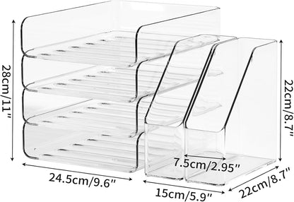 FANXIYQ 4-Tier Horizontal Acrylic Paper Tray Organizer with Bookends | Clear Stackable Desk Organizer for Documents, Letters, A4 Paper | Modern Office/Classroom/Home Organization