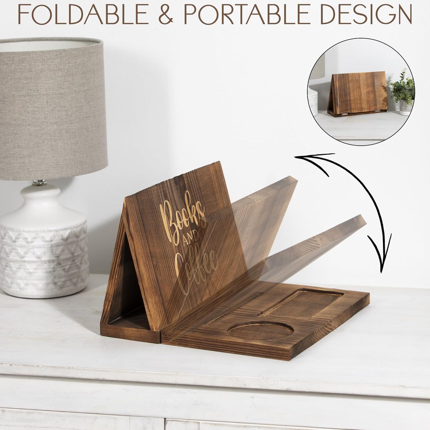 Wooden Book Holder for Page Rest,Book Valet Book Stand with Cup,Glass&Pen Holder,Idea Gift for Book Lover and Table Décor.