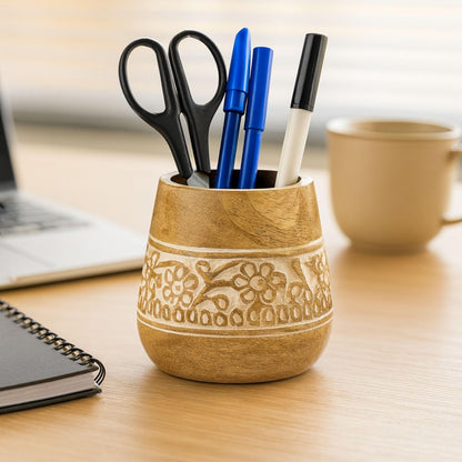 Mie Creations Designer Pencil Holder for Desk Wood | Wooden Pen Stand, Paintbrush Cup, Desk Accessories, Cute Make Up Brush Organizers | Office Desktop Stationery, Christmas Holidays Gift- 4'' Brown