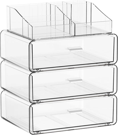 Yieach 3 Tier Clear Acrylic Makeup Organizers with Drawers,Tiered Countertop Make up Storage Organizer for Dresser Top and Bathroom Vanity,Plastic Makeup Stand for Brush,Skincare,Beauty Organizers