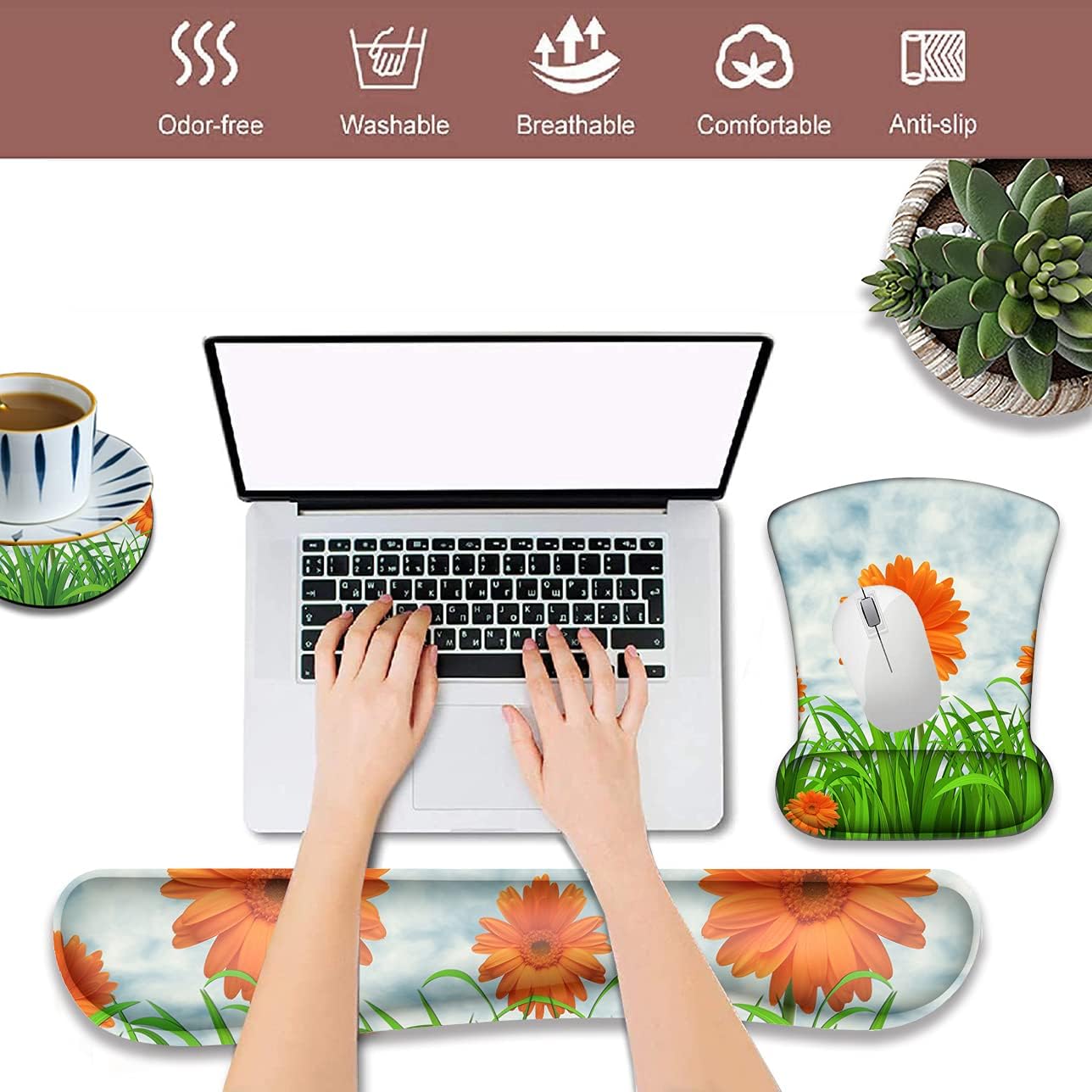 Ergonomically Upgraded Keyboard Wrist Rest and Comfortable Gel Mouse Pad Set, Non-Slip Rubber Base Cute Coaster, for Work, Game Home, Sunflower