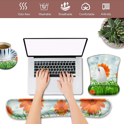 Ergonomically Upgraded Keyboard Wrist Rest and Comfortable Gel Mouse Pad Set, Non-Slip Rubber Base Cute Coaster, for Work, Game Home, Sunflower