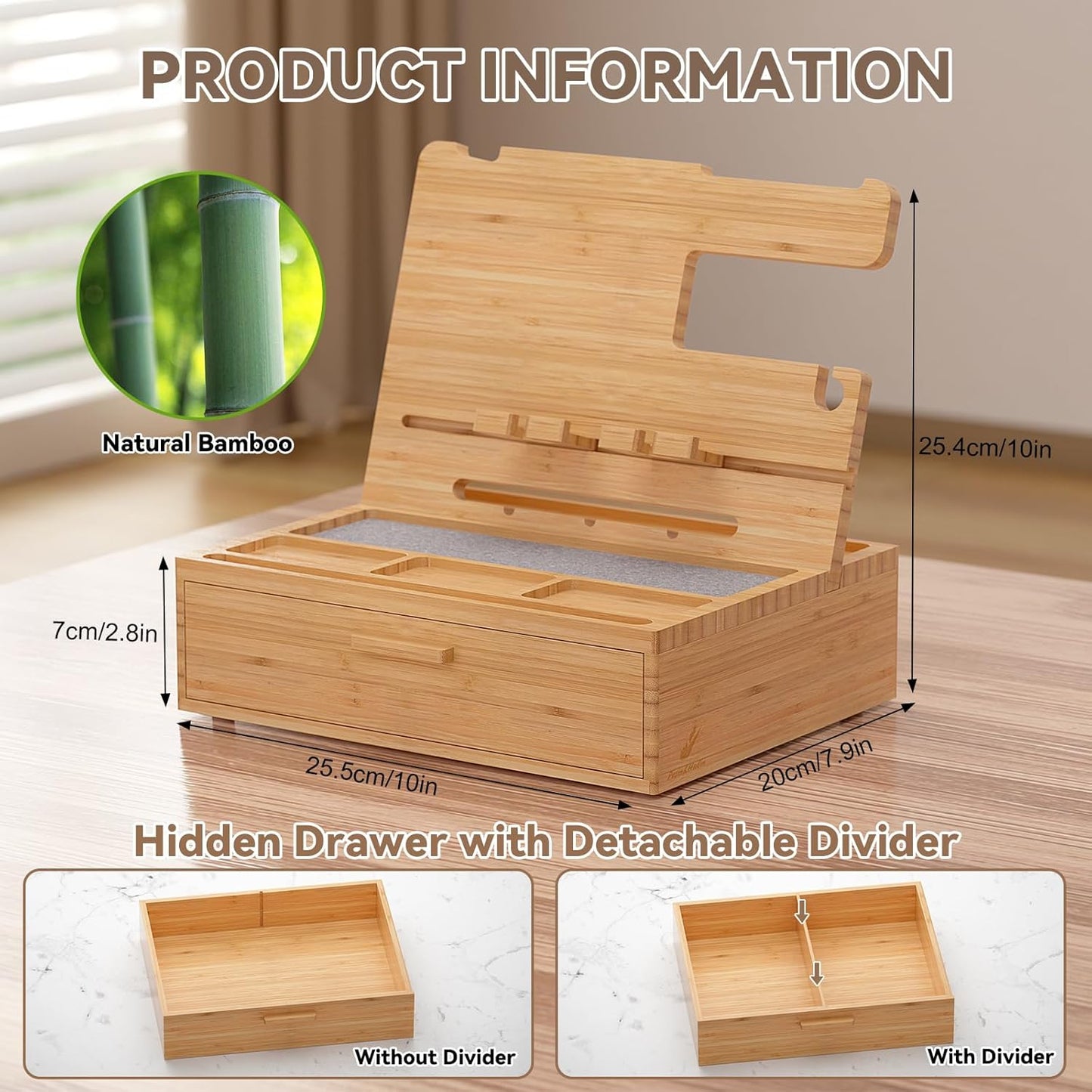 Pezin & Hulin Wooden Charging Station, Bedside Nightstand Tray, with Spacious Drawer, Felt Pads for Phones, Watch, Idea Gifts for Him Birthday, Son, Christmas for Papa Fathers Day (Nature)