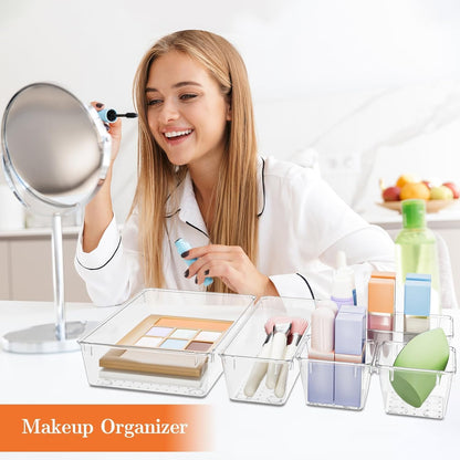 SpaceHacks 25 PCS Plastic Drawer Organizer Set, 4-Size Versatile Organizer Tool Trays & storage Bins for Makeup, Jewelry, and Gadgets in Bathroom, Bedroom and Office,Clear Black