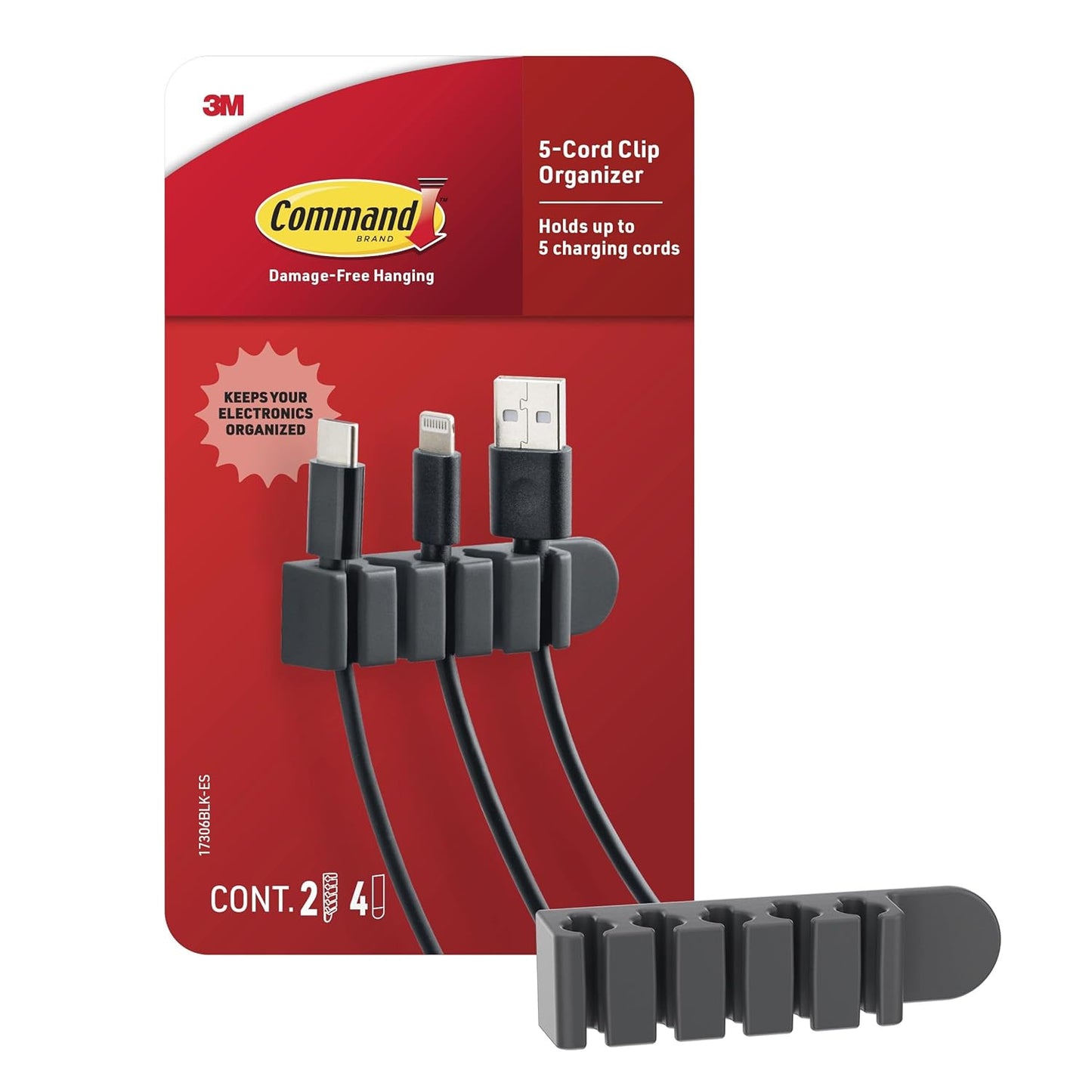 Command 5-Cord Clip Organizer, 4 Clips and 8 Medium Strips, White, 1 Clip Holds up to 5 Charding Cords, Great for Damage-Free Electronics Organization Under Desk or Wall Mount