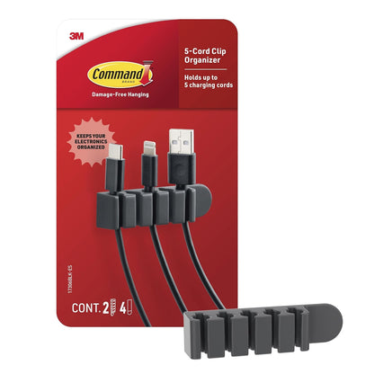Command 5-Cord Clip Organizer, 4 Clips and 8 Medium Strips, White, 1 Clip Holds up to 5 Charding Cords, Great for Damage-Free Electronics Organization Under Desk or Wall Mount