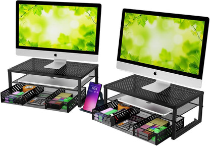 Simple Trending Metal Monitor Stand Riser and Computer Desk Organizer with Drawer for Laptop, Computer, iMac, Black