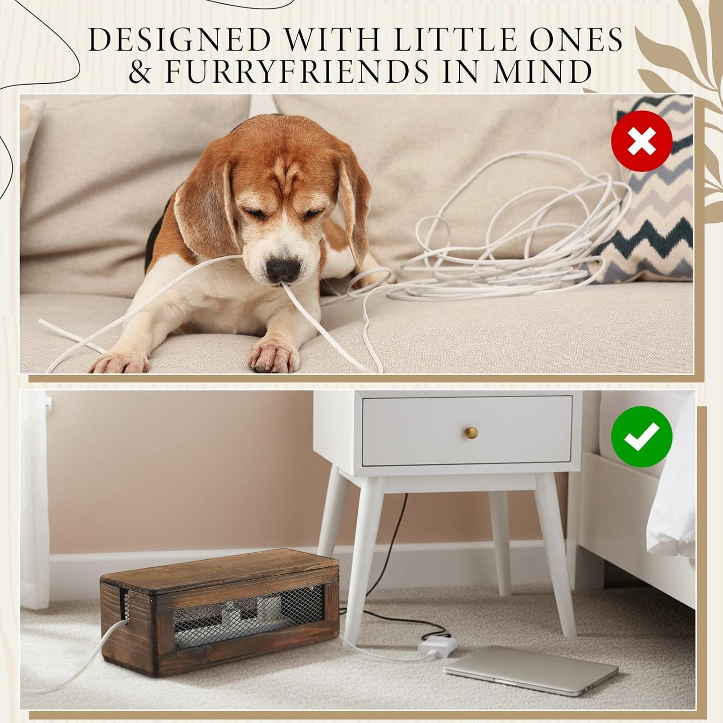 Chunful Extra Large Cable Management Box, 16'' Wood Cord Hider Organizer with Ventilation Nets & Organizer for Power Strip, TV Wires & Desk Cable Storage, Magnetic Lid Hide Floor Cables