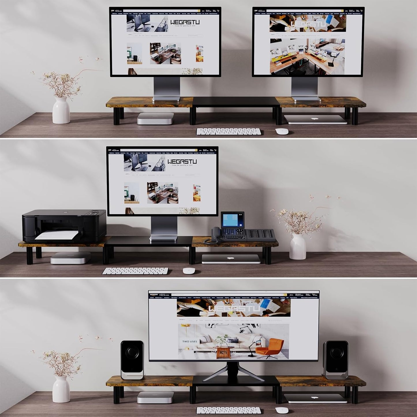 Dual Monitor Stand - 43.7 inch Extra Long Wide TV Stand - Wood & Steel Leg Desktop Riser - Desk Organization - Home Office (Vintage)