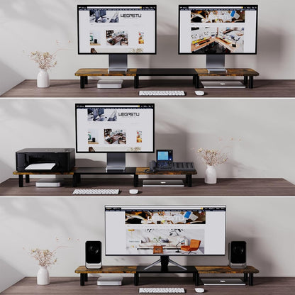 Dual Monitor Stand - 43.7 inch Extra Long Wide TV Stand - Wood & Steel Leg Desktop Riser - Desk Organization - Home Office (Vintage)