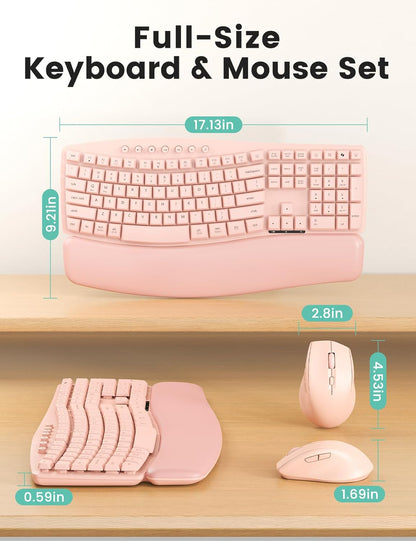 Wireless Keyboard and Mouse Combo, SABLUTE MA41 30dB Quiet Ergonomic Wave Keyboard Set with Soft Leather Palm Rest, Dual-System Switch for Windows/Mac, Ideal for Business Teams Home Office