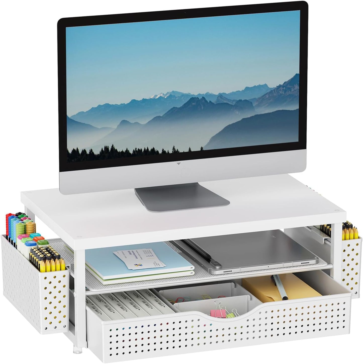 gianotter Wood Monitor Stand Riser, Office Desk Shelf Organizer, Desk Organizer with Drawer and Pen Holder, 2-Tier Computer Stand, Office Organization (Ink)