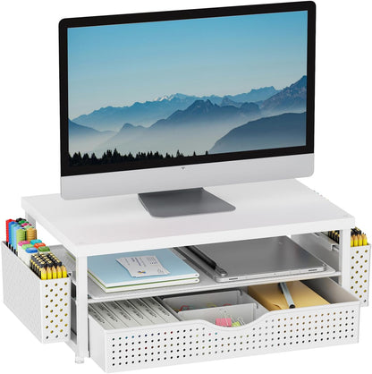 gianotter Wood Monitor Stand Riser, Office Desk Shelf Organizer, Desk Organizer with Drawer and Pen Holder, 2-Tier Computer Stand, Office Organization (Ink)