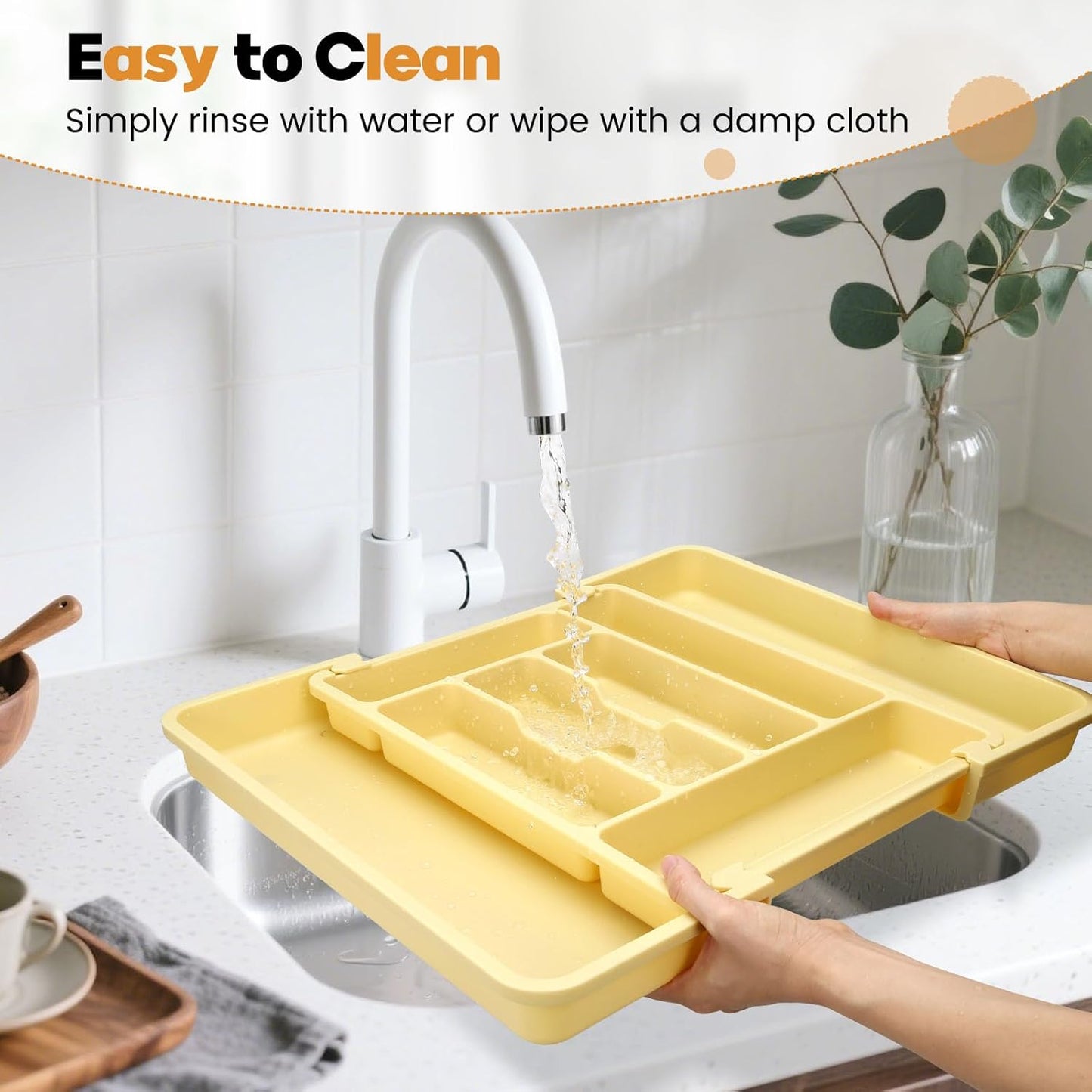 Caperci Large Silverware Organizer for Kitchen Drawer & Utensils - Expandable Drawer Organizer for Cutlery, Flatware & Gadget, BPA-Free Thick Plastic, Wider Compartments & Non-skid Feet (Tofu)