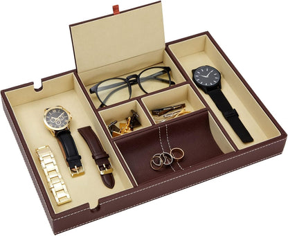 Juvale Nightstand Organizer Tray - 14 x 10 x 1.5 in, Black Faux Leather - Valet Tray for Men with 6 Compartments for Watch, Jewelry & Keys