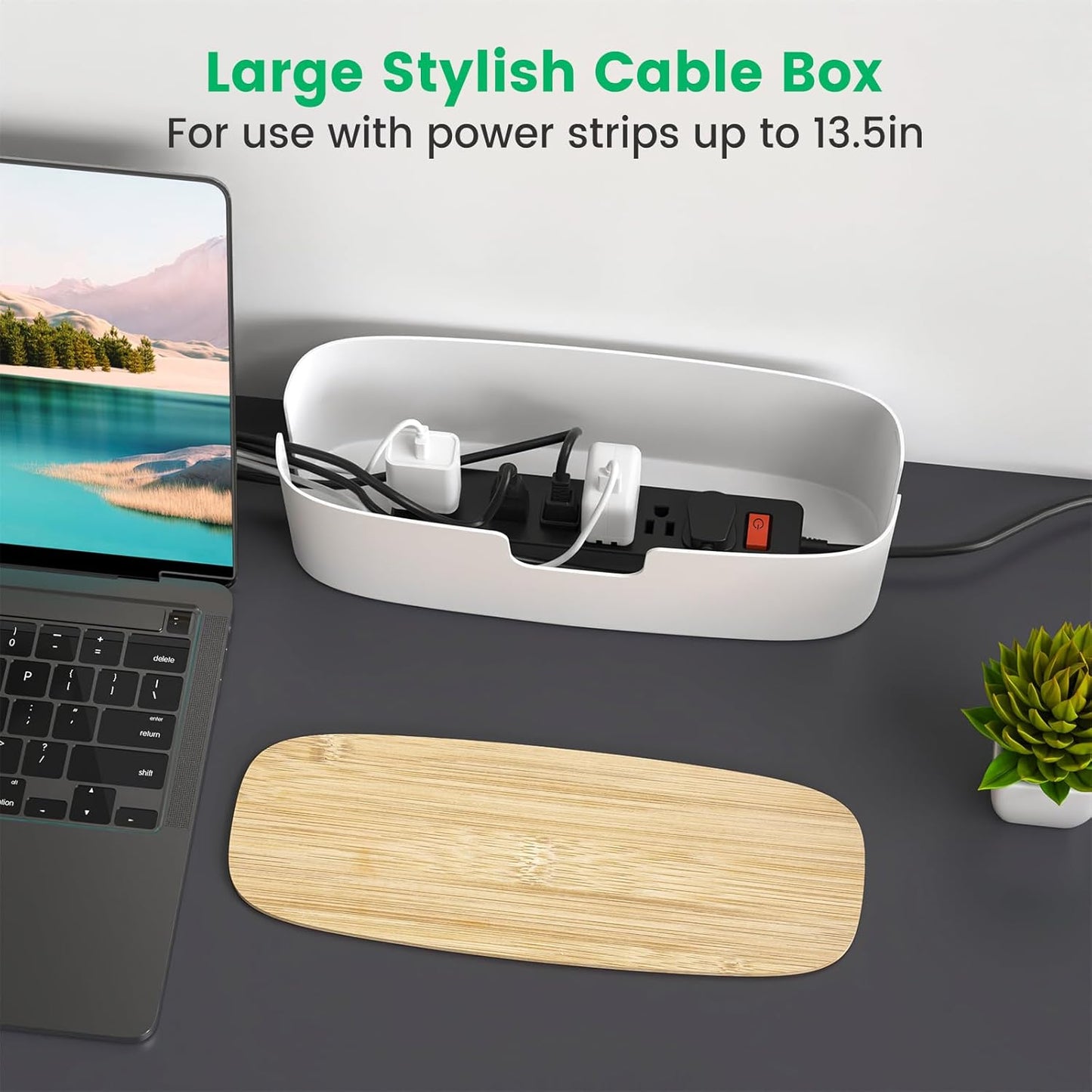 Large Cable Management Box - Cord Organize Box with Bamboo lid for Safe Home & Office, Cord Hider for Power Strip Under Desk, Cover TV Wires, Child & Pet Proof Cord Box, Black