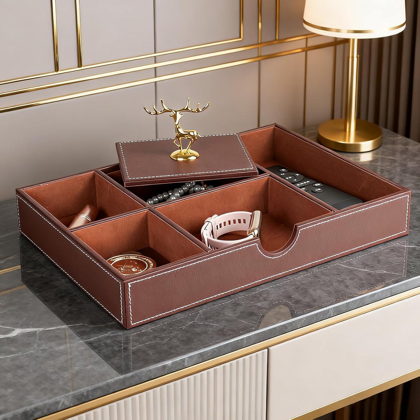 Jewelry Trays Nightstand Organizer, Valet Tray for Men and Women, Dressing Table Storage Box, Dark Brown Faux Leather, 5 Compartment
