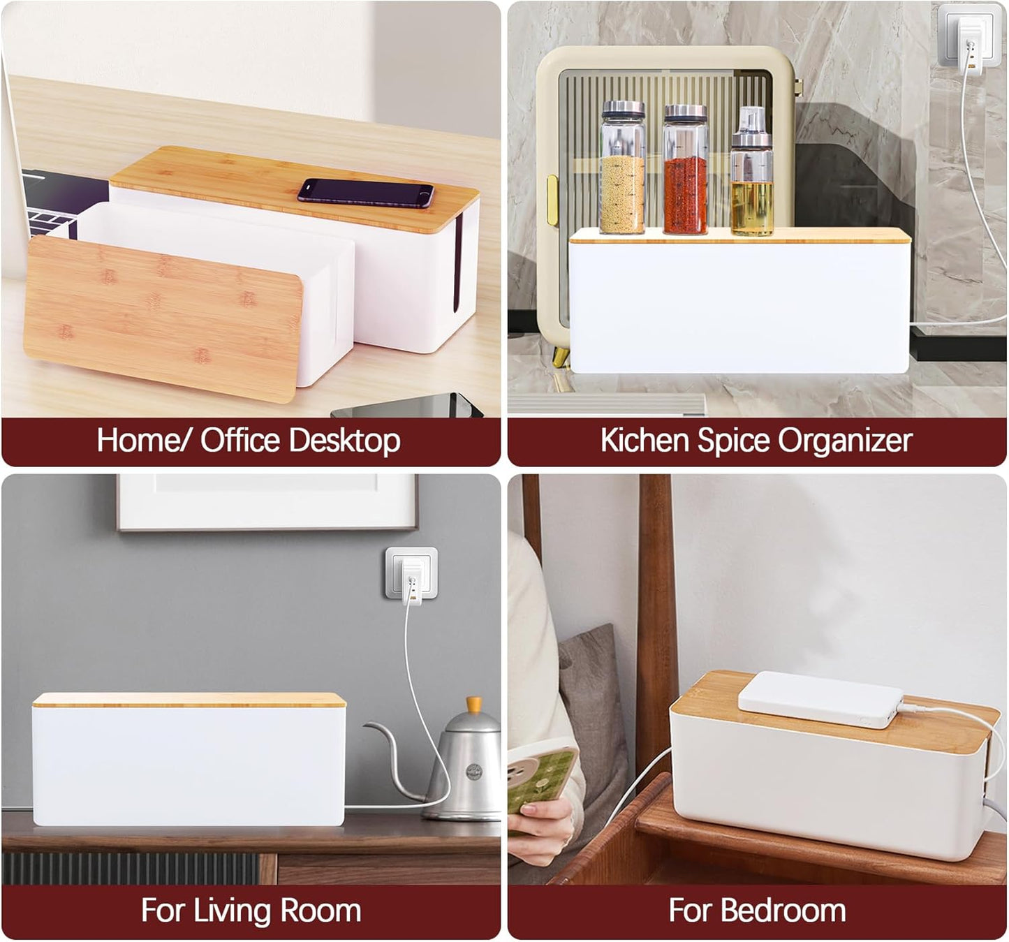 Cable Management Box,Wooden Style Large Cable Organizer Box for Office and Home,Cable Organizer Box with Proof Lock for Baby-Pets,Wood Lid（White,1 Pack